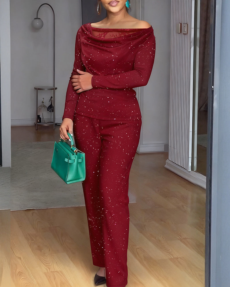 2 Pieces Outfit Cowl Neck Lace Spliced Long Sleeve Top and Elastic Waist Wide Leg Pants Set Casual Glitter Set Omfort