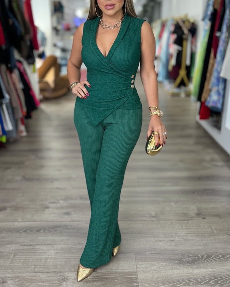 2 Pieces Outfit Overlap Deep V-Neck Sleeveless Side Button Decor Asymmetrical Hem Slim Fit Top and Elastic Waist Wide Leg Pants Set Casual Ribbed Set OMFORT