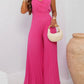 Pleated Design V Neck Adjustable Spaghetti Straps Cinched Waist Overalls Casual Pleated Flared Jumpsuit OMFORT
