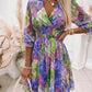 Floral Print Overlap V Neck Long Sleeve Shirred Waist Ruffle Hem Dress Casual Cinched Waist Flared Cuffs Chiffon Vacation Dress with Lining Omfort
