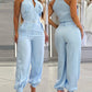 2 Pieces Outfits Sleeveless High Neck Cargo Pockets Design Top And Casual Cuffed Long Pants Set Omfort