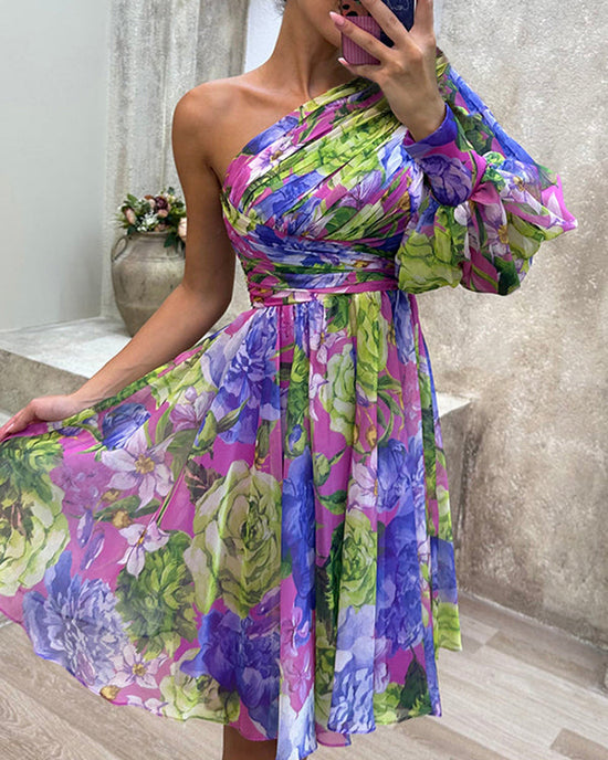 Floral Print Lantern Sleeve One Shoulder A Line Dress Casual Zipper Side Ruched Vacation Dress Omfort