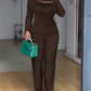 2 Pieces Outfit Cowl Neck Lace Spliced Long Sleeve Top and Elastic Waist Wide Leg Pants Set Casual Glitter Set Omfort