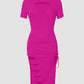 O Neck Short Sleeve Solid Color Cut Out Ruched Drawstring Bodycon Dress With Side Slit mysite