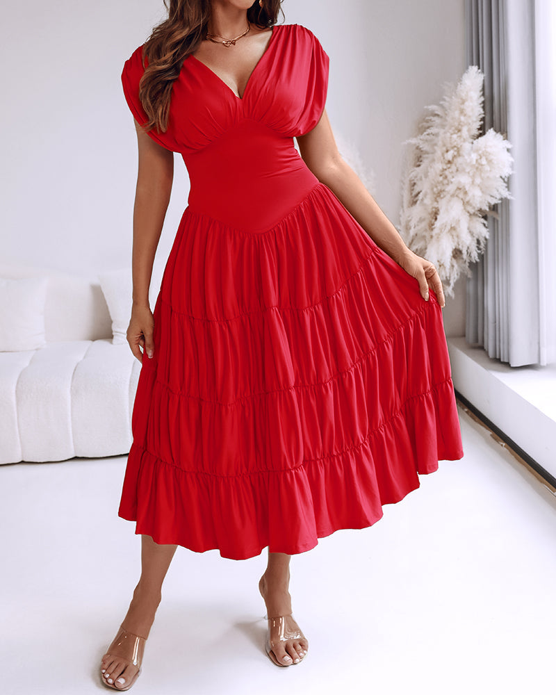 Textured V Neck Sleeveless Ruched Ruffles Hem Dress Casual Waist A Line Party Midi Dress OMFORT