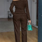 2 Pieces Outfit Cowl Neck Lace Spliced Long Sleeve Top and Elastic Waist Wide Leg Pants Set Casual Glitter Set Omfort