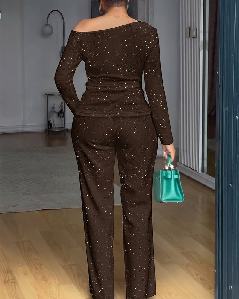 2 Pieces Outfit Cowl Neck Lace Spliced Long Sleeve Top and Elastic Waist Wide Leg Pants Set Casual Glitter Set Omfort