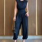 Padded Shoulders Sleeveless Cinched Waist Side High Slit Overalls Casual Hollow-out Back Ruched Jumpsuit Omfort