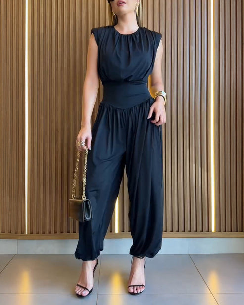 Padded Shoulders Sleeveless Cinched Waist Side High Slit Overalls Casual Hollow-out Back Ruched Jumpsuit Omfort