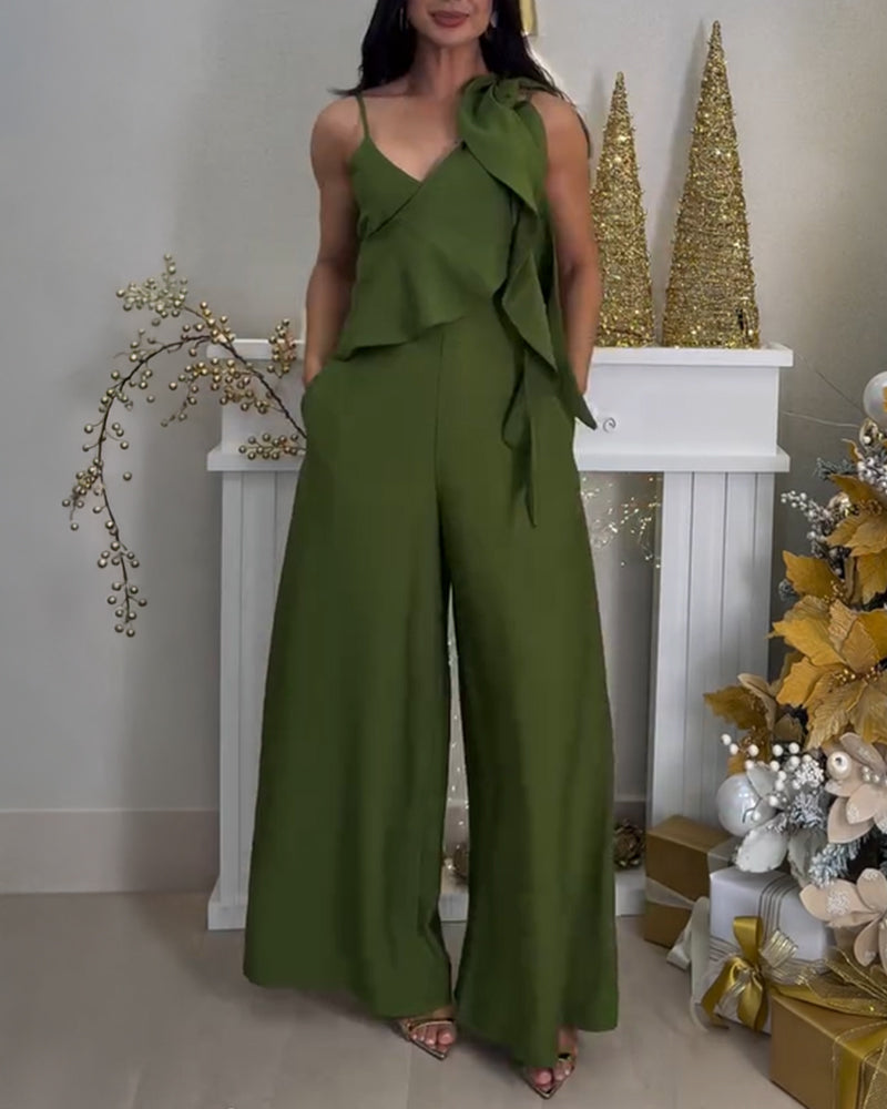 V-Neck Adjustable Spaghetti Straps Backless Overalls Casual Zipper Back Wide Leg Jumpsuit with Convertible Ruffles Tie Panel OMFORT