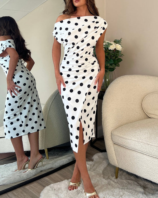 Polka Dot Print Skew Neck Ruched Mid-length Dress Elegant Wrapped Slit Dress Omfort