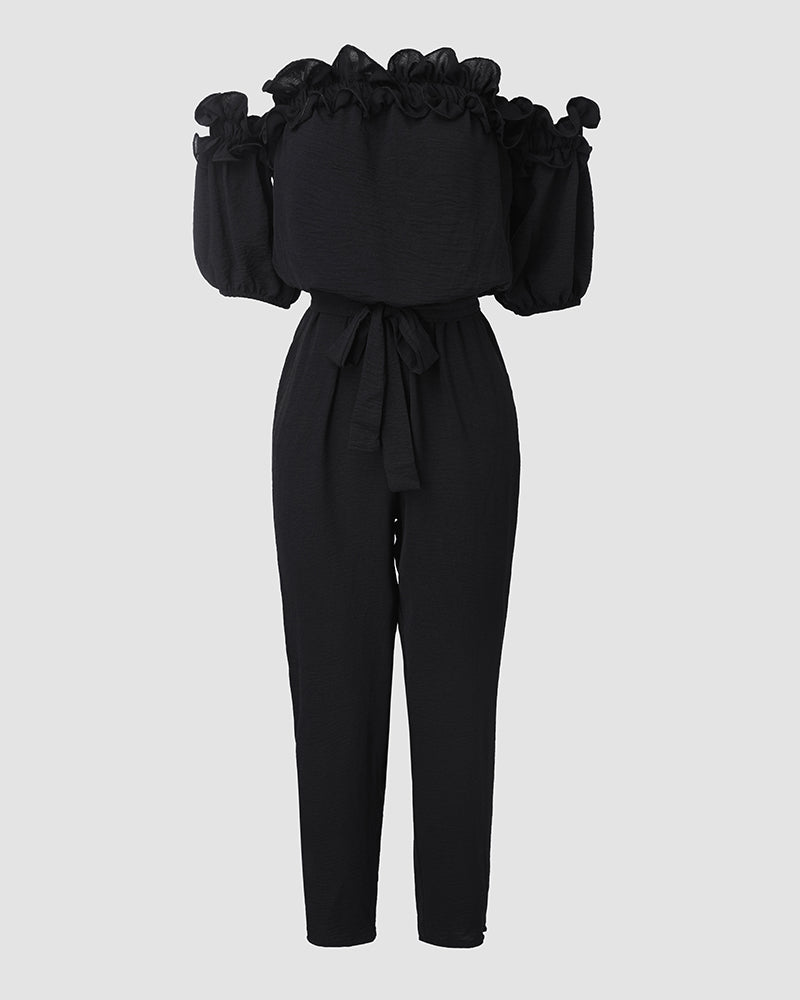 Frill Trim Off Shoulder Short Sleeve Tie Waist Overalls Casual Textured Jumpsuit Omfort