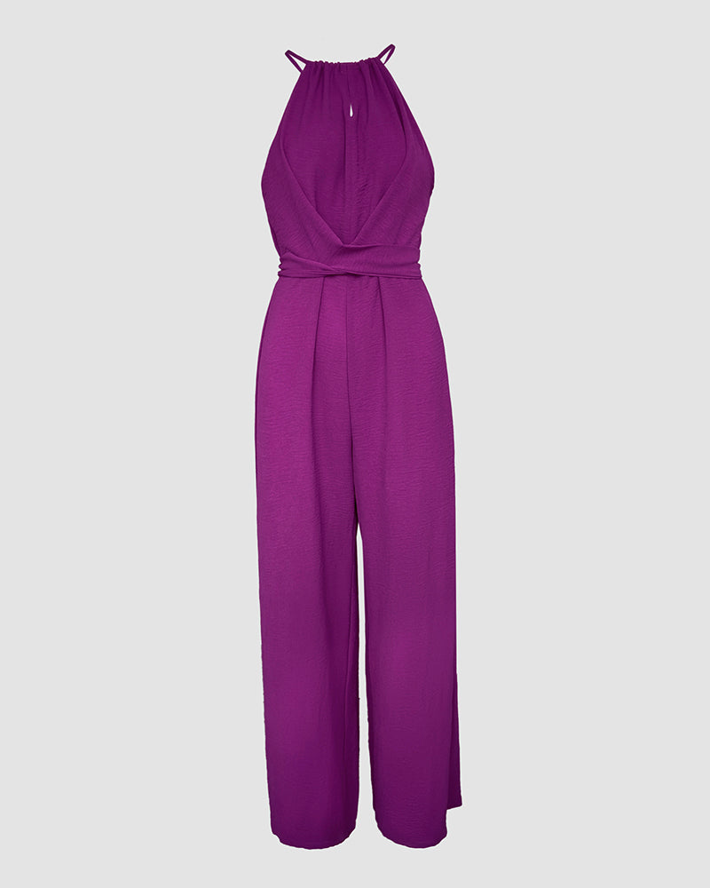 Halter Sleeveless Lace-up Jumpsuit Casual Waist Ruched Loose Fit Romper OMFORT