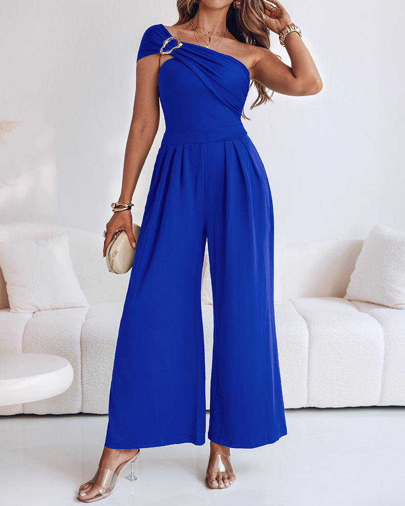 Cold Shoulder Ruched Buckle Wide Leg Jumpsuit Omfort