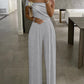 Cold Shoulder Ruched Buckle Wide Leg Jumpsuit Omfort