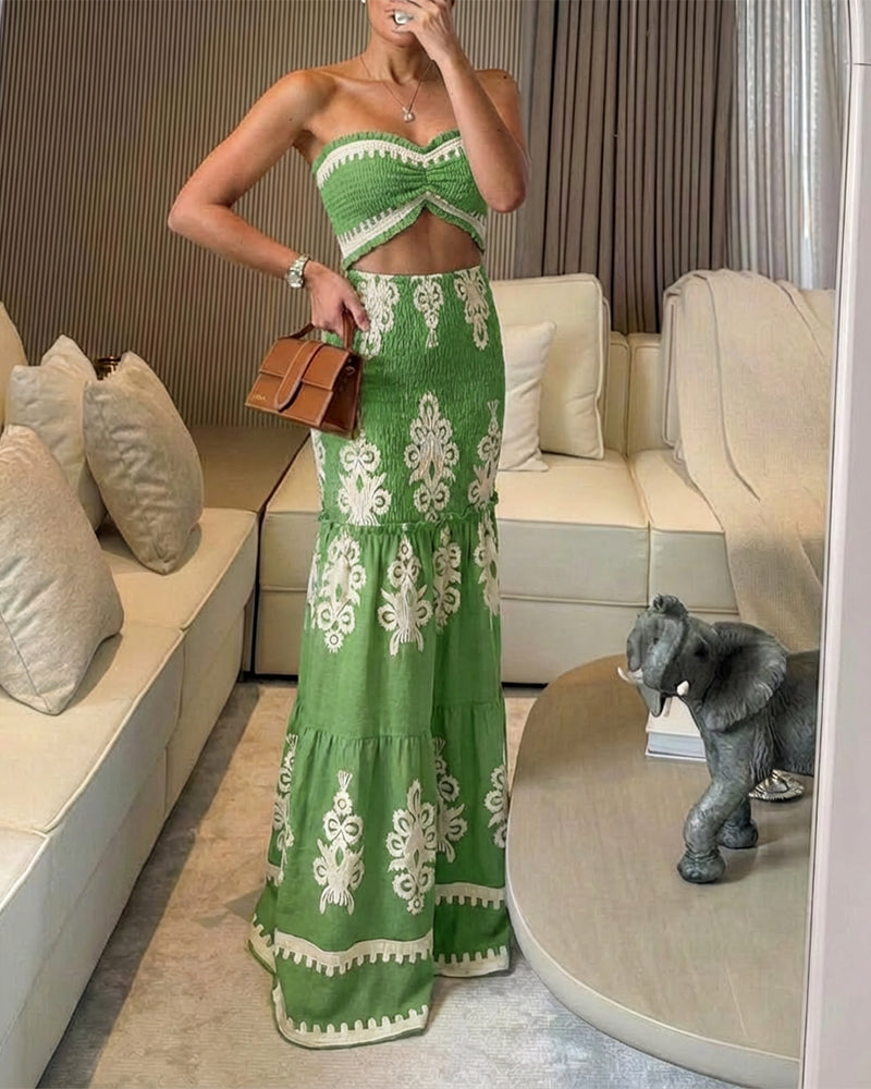 Vintage Baroque Print Frill Trim Bandeau Cutout Front Ruched Mermaid Hem Dress Elegant Tied Detail Shirred Ruffle Hem Vacation Dress Omfort