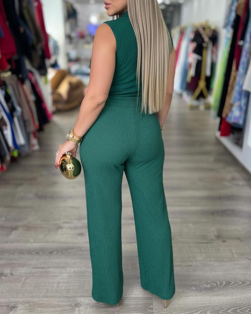 2 Pieces Outfit Overlap Deep V-Neck Sleeveless Side Button Decor Asymmetrical Hem Slim Fit Top and Elastic Waist Wide Leg Pants Set Casual Ribbed Set OMFORT