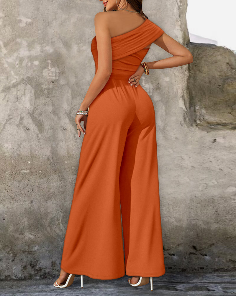 Cold Shoulder Ruched Buckle Wide Leg Jumpsuit Omfort
