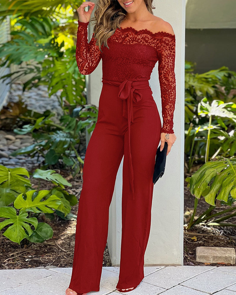 Off Shoulder Long Sleeve Eyelash Lace Spliced Slim Fit Overalls Casual Zipper Back Jumpsuit with Belt OMFORT