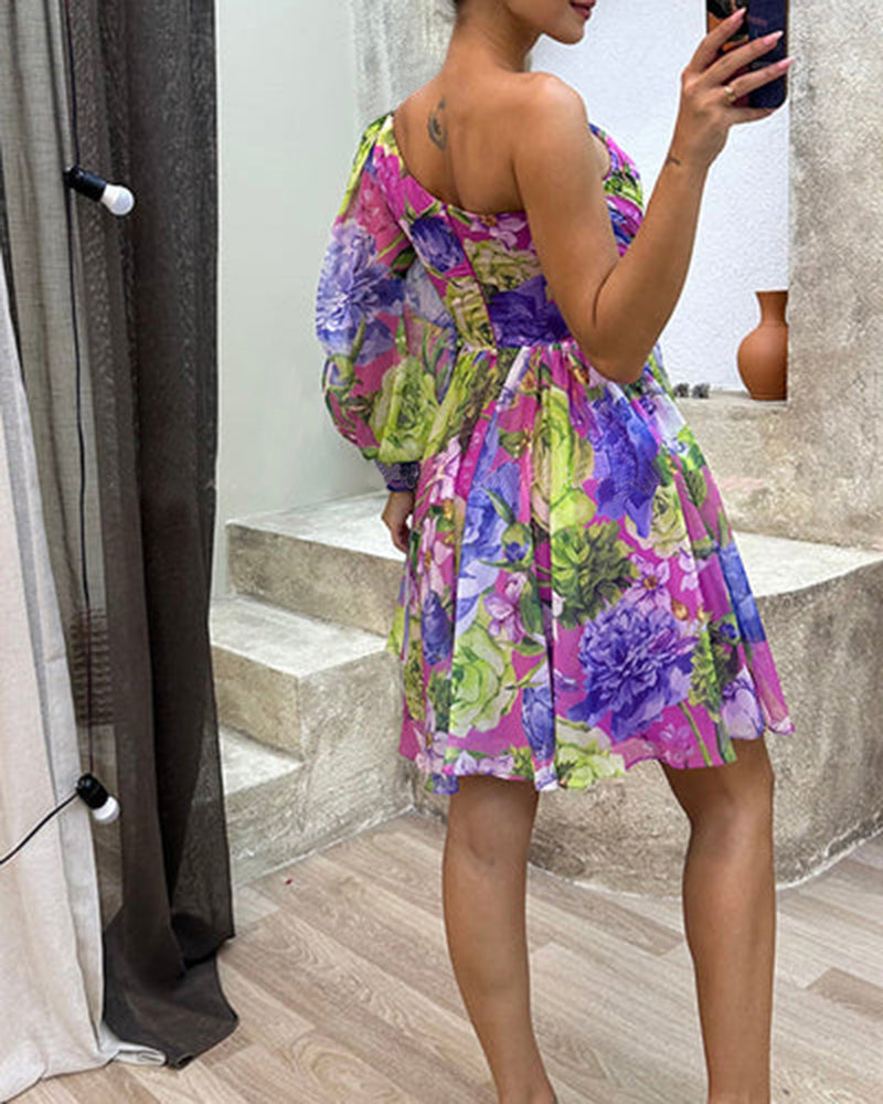Floral Print Lantern Sleeve One Shoulder A Line Dress Casual Zipper Side Ruched Vacation Dress Omfort