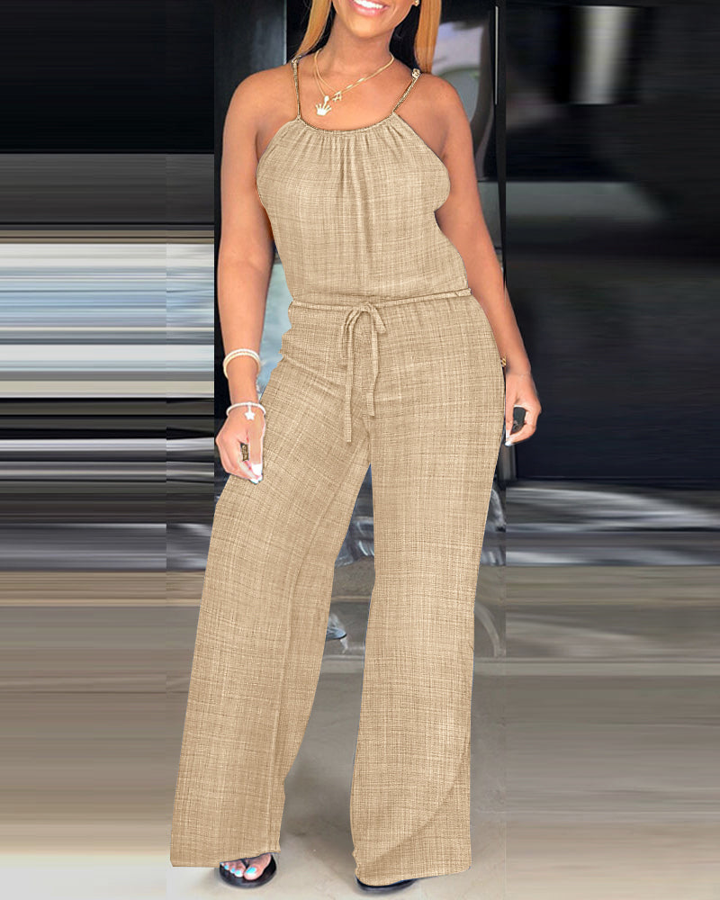 Spaghetti Strap Drawstring Tied Waist Jumpsuit Casual Overalls OMFORT