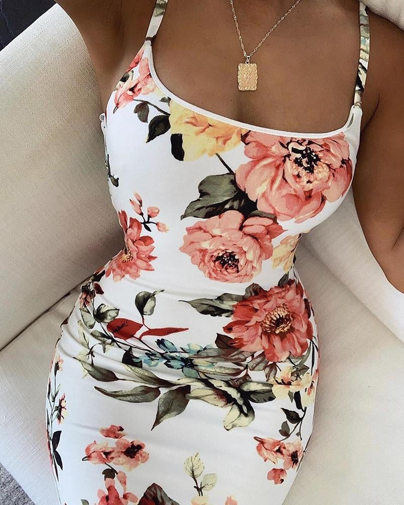 Floral Print Adjustable Straps Bodycon Cami Dress Omfort