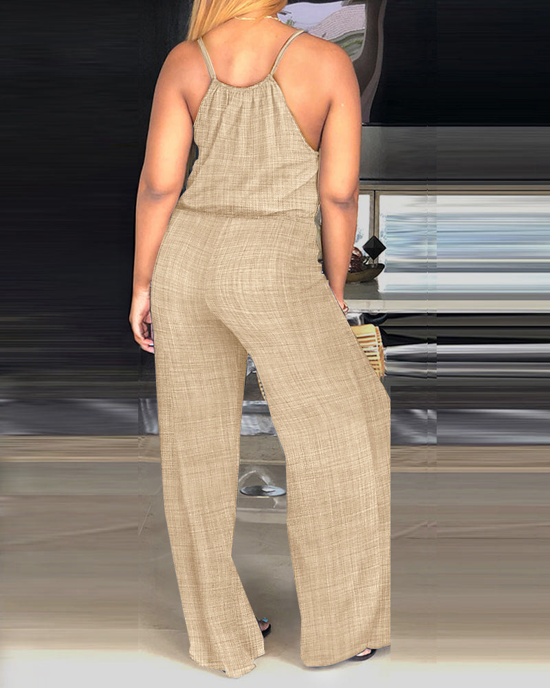 Spaghetti Strap Drawstring Tied Waist Jumpsuit Casual Overalls OMFORT