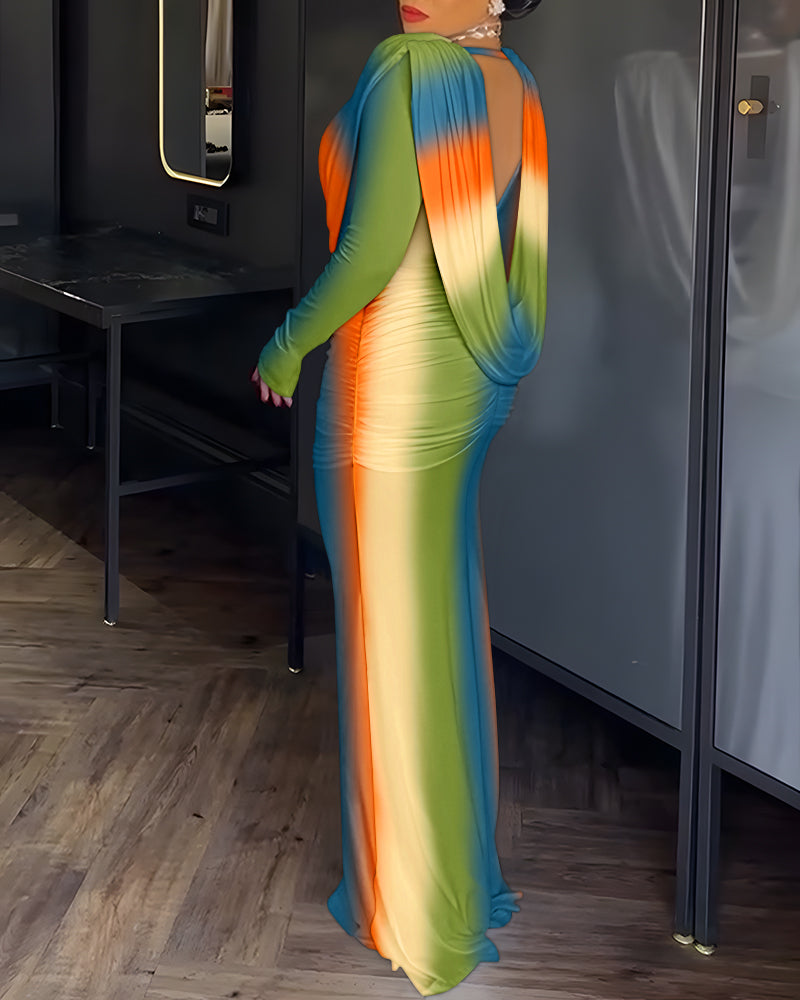 Tie Dye Print Cowl Neck Long Sleeve Backless Maxi Dress Slim Fit Zipper Back Ruched Mermaid Hem Evening Dress OMFORT
