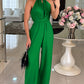 Halter Sleeveless Lace-up Jumpsuit Casual Waist Ruched Loose Fit Romper OMFORT