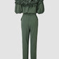 Frill Trim Off Shoulder Short Sleeve Tie Waist Overalls Casual Textured Jumpsuit Omfort
