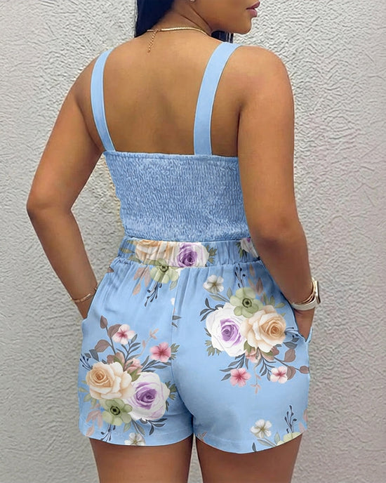 2 Pieces Outfit Rhinestone & 3D Flower Decor Thick Strap Shirred Back Crop Cami Top and Casual Floral Print Elastic Back Waist Shorts Set Omfort