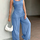 Scoop Neck Frill Hem Spaghetti Strap Jumpsuit Casual Pocket Design Back Lace Up Rompers OMFORT