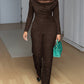 2 Pieces Outfit Cowl Neck Lace Spliced Long Sleeve Top and Elastic Waist Wide Leg Pants Set Casual Glitter Set Omfort