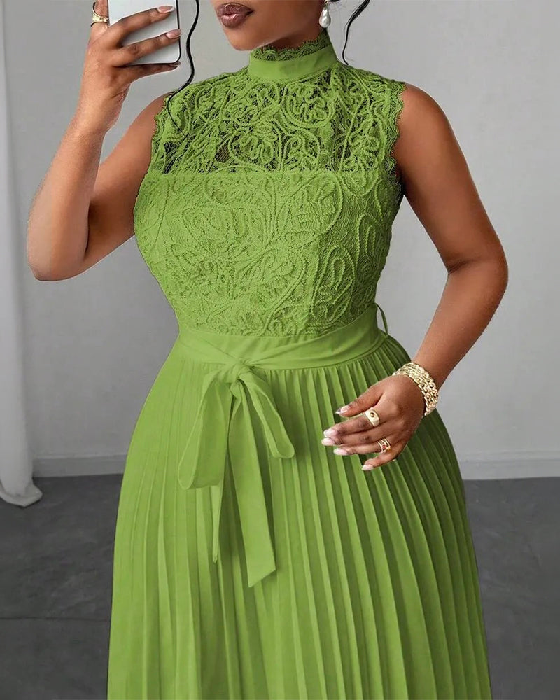 Mock Neck Sleeveless high Waist Pleated Maxi Dress Elegant Lace & Braided Spliced Zipper Back Evening Dress with Belt Omfort