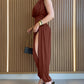 Padded Shoulders Sleeveless Cinched Waist Side High Slit Overalls Casual Hollow-out Back Ruched Jumpsuit Omfort