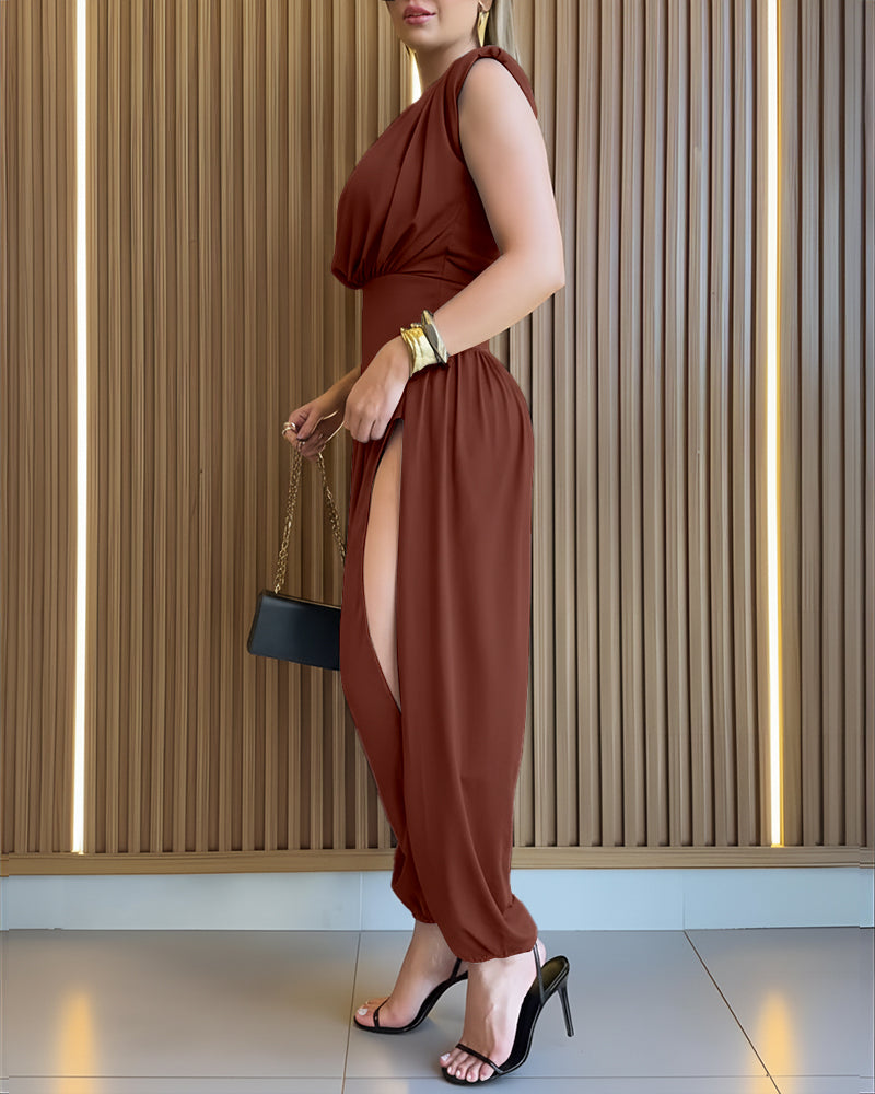 Padded Shoulders Sleeveless Cinched Waist Side High Slit Overalls Casual Hollow-out Back Ruched Jumpsuit Omfort