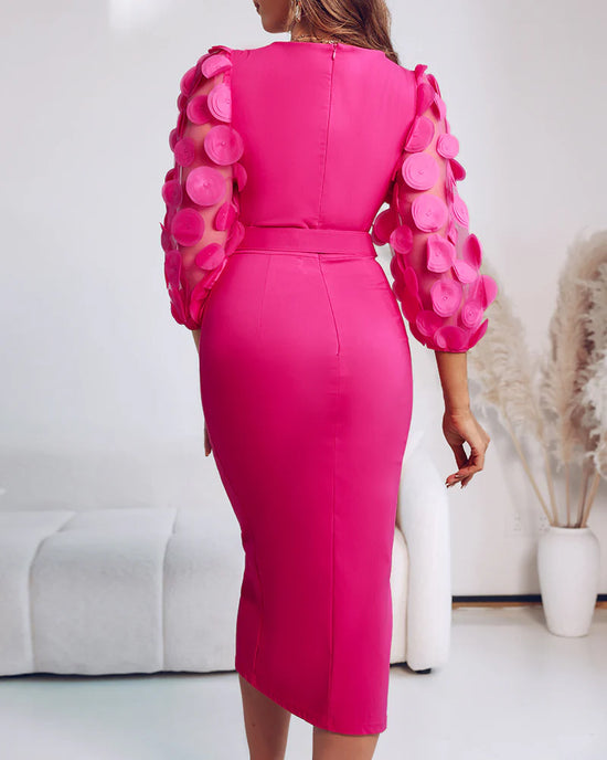 Polka Dot Mesh Lantern Sleeve Slit Midi Dress OMFORT