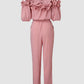 Frill Trim Off Shoulder Short Sleeve Tie Waist Overalls Casual Textured Jumpsuit Omfort