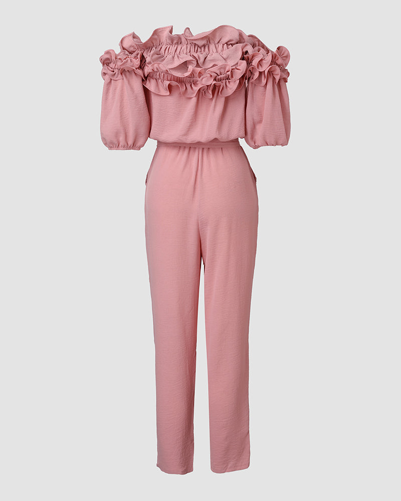 Frill Trim Off Shoulder Short Sleeve Tie Waist Overalls Casual Textured Jumpsuit Omfort