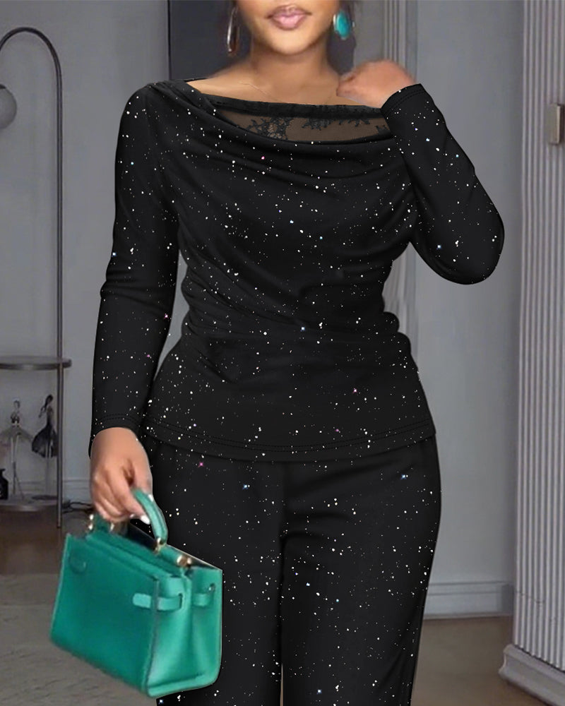2 Pieces Outfit Cowl Neck Lace Spliced Long Sleeve Top and Elastic Waist Wide Leg Pants Set Casual Glitter Set Omfort