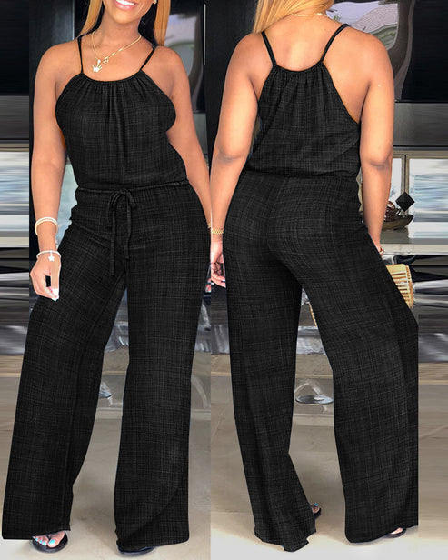 Spaghetti Strap Drawstring Tied Waist Jumpsuit Casual Overalls OMFORT