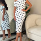 Polka Dot Print Skew Neck Ruched Mid-length Dress Elegant Wrapped Slit Dress Omfort