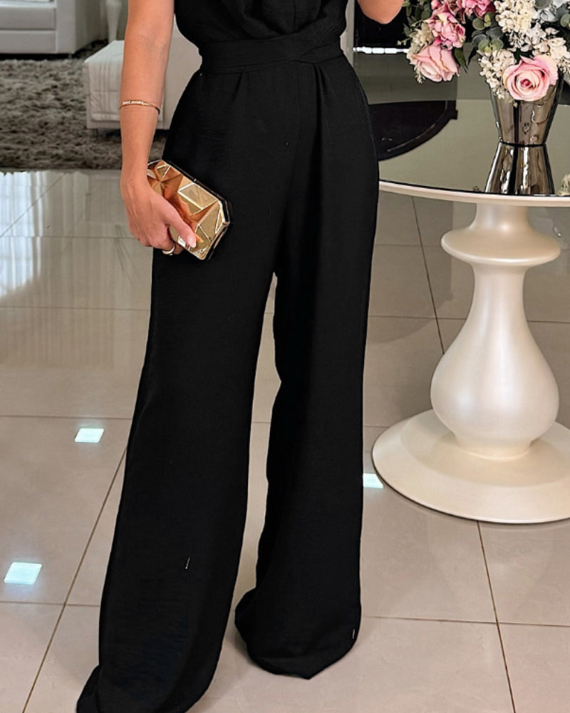 Halter Sleeveless Lace-up Jumpsuit Casual Waist Ruched Loose Fit Romper OMFORT