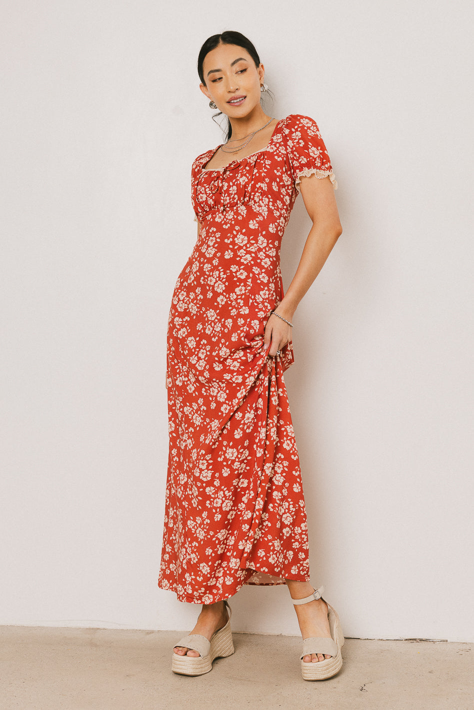 Camden Floral Maxi Dress in Rust OMFORT
