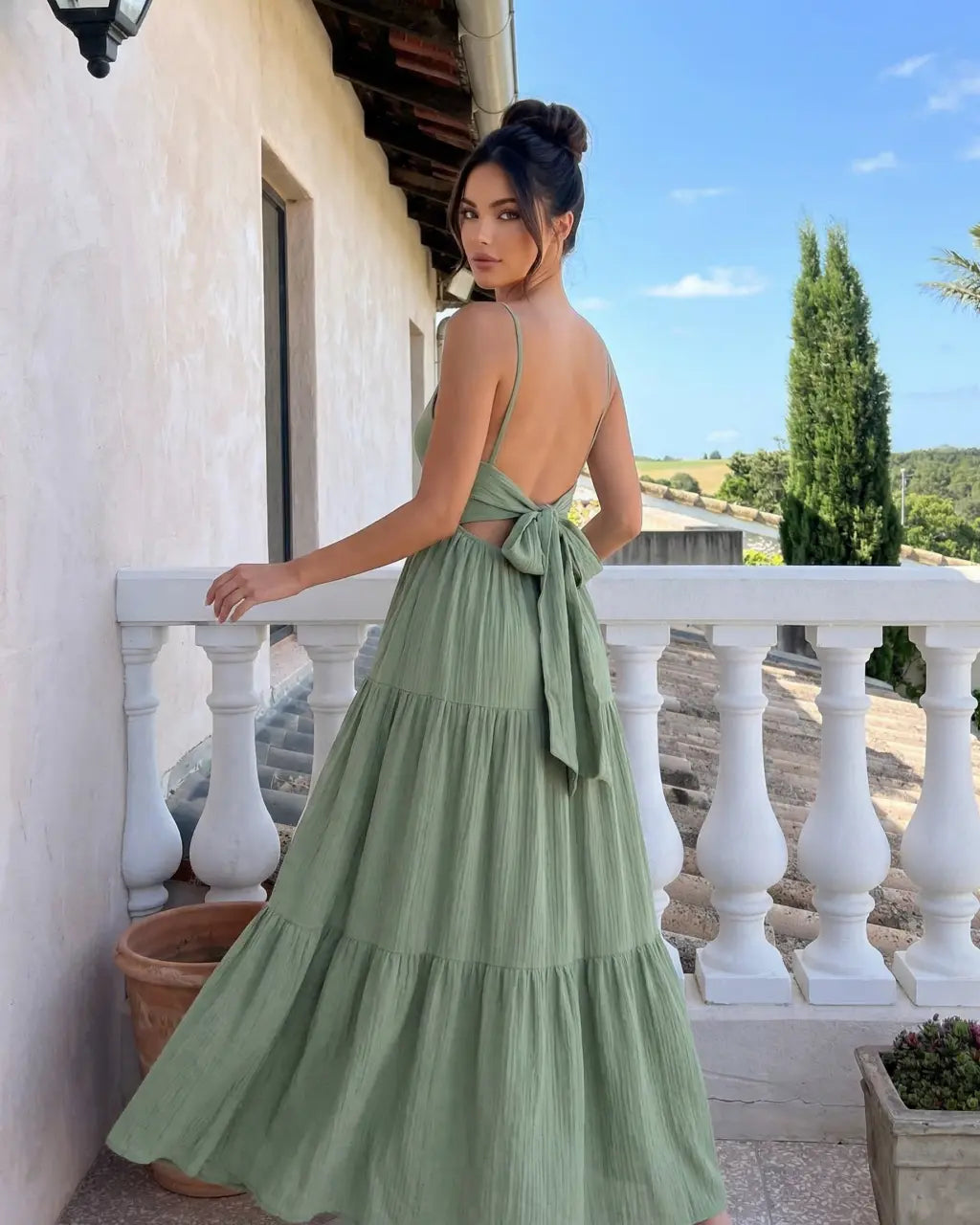 SOLACE  Sage Green Flowy Linen Blend Relaxed Fit Maxi Dress?