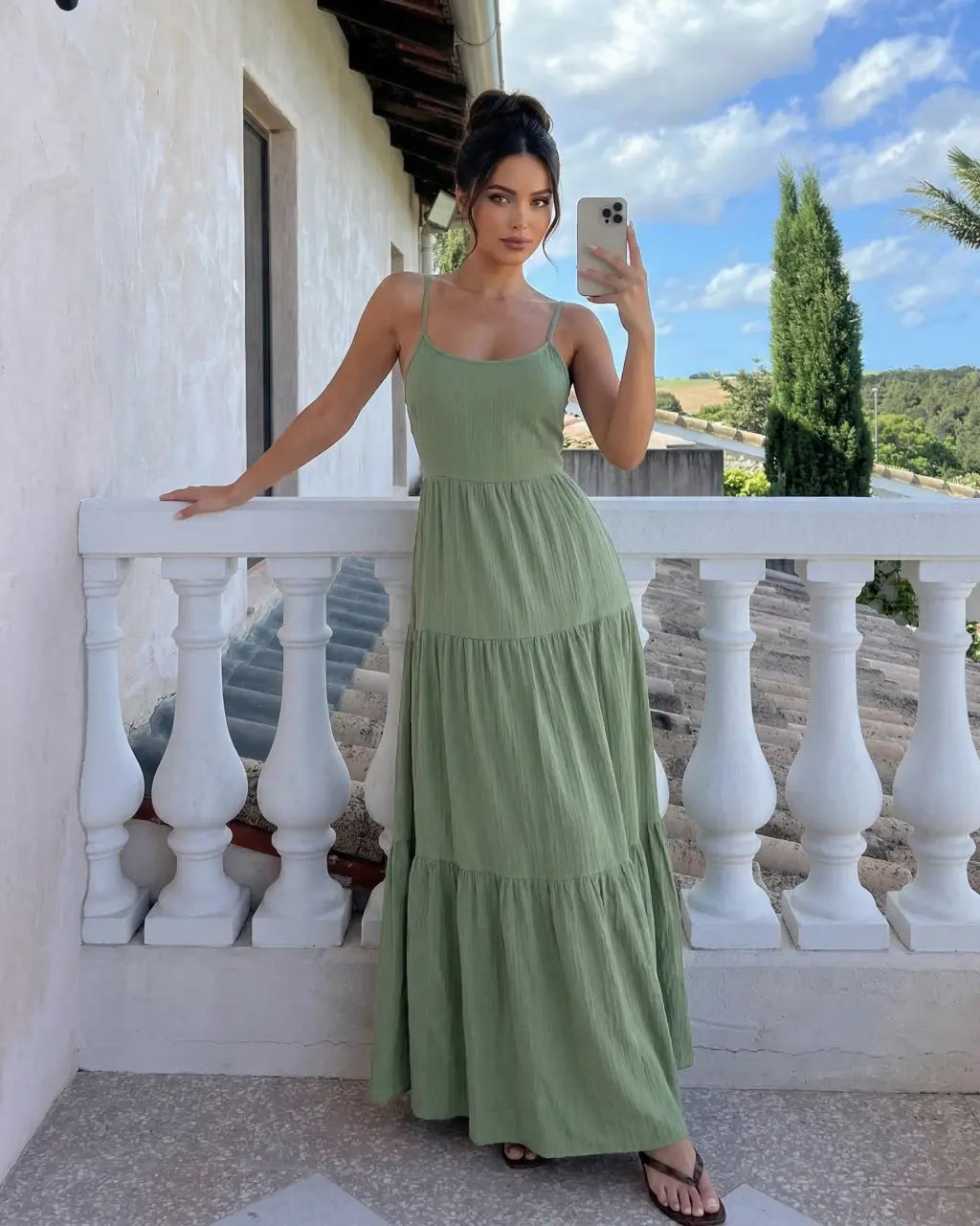 SOLACE  Sage Green Flowy Linen Blend Relaxed Fit Maxi Dress?