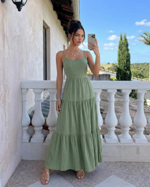 SOLACE  Sage Green Flowy Linen Blend Relaxed Fit Maxi Dress?