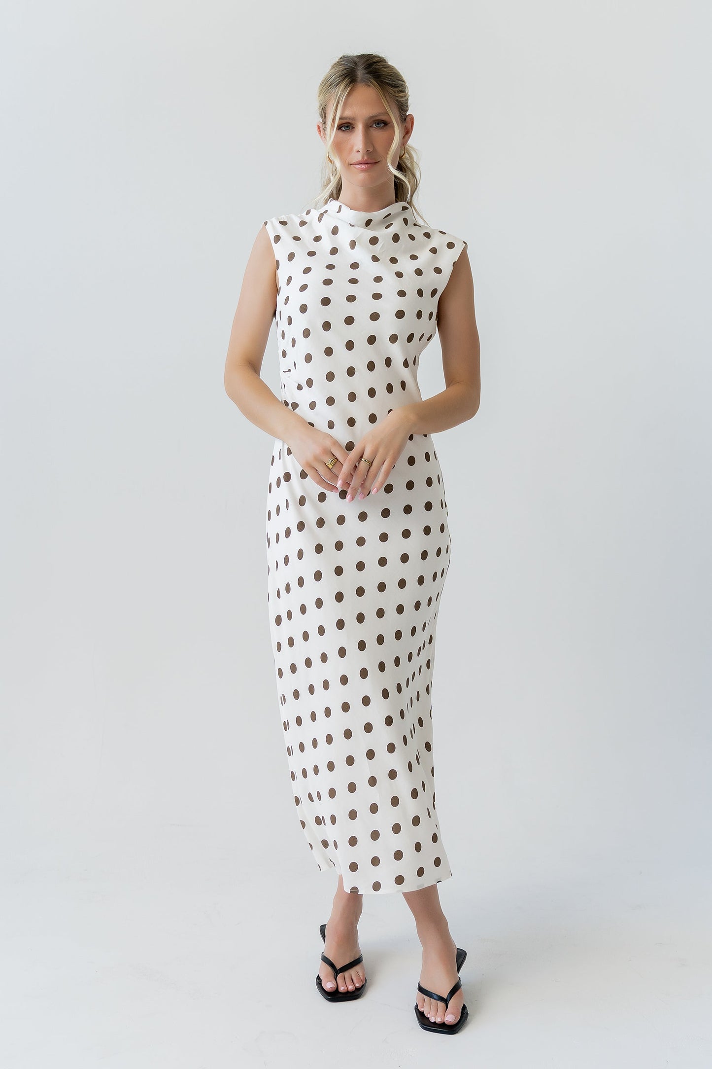 Tiffany Polka Dot Mock Neck Midi Dress OMFORT