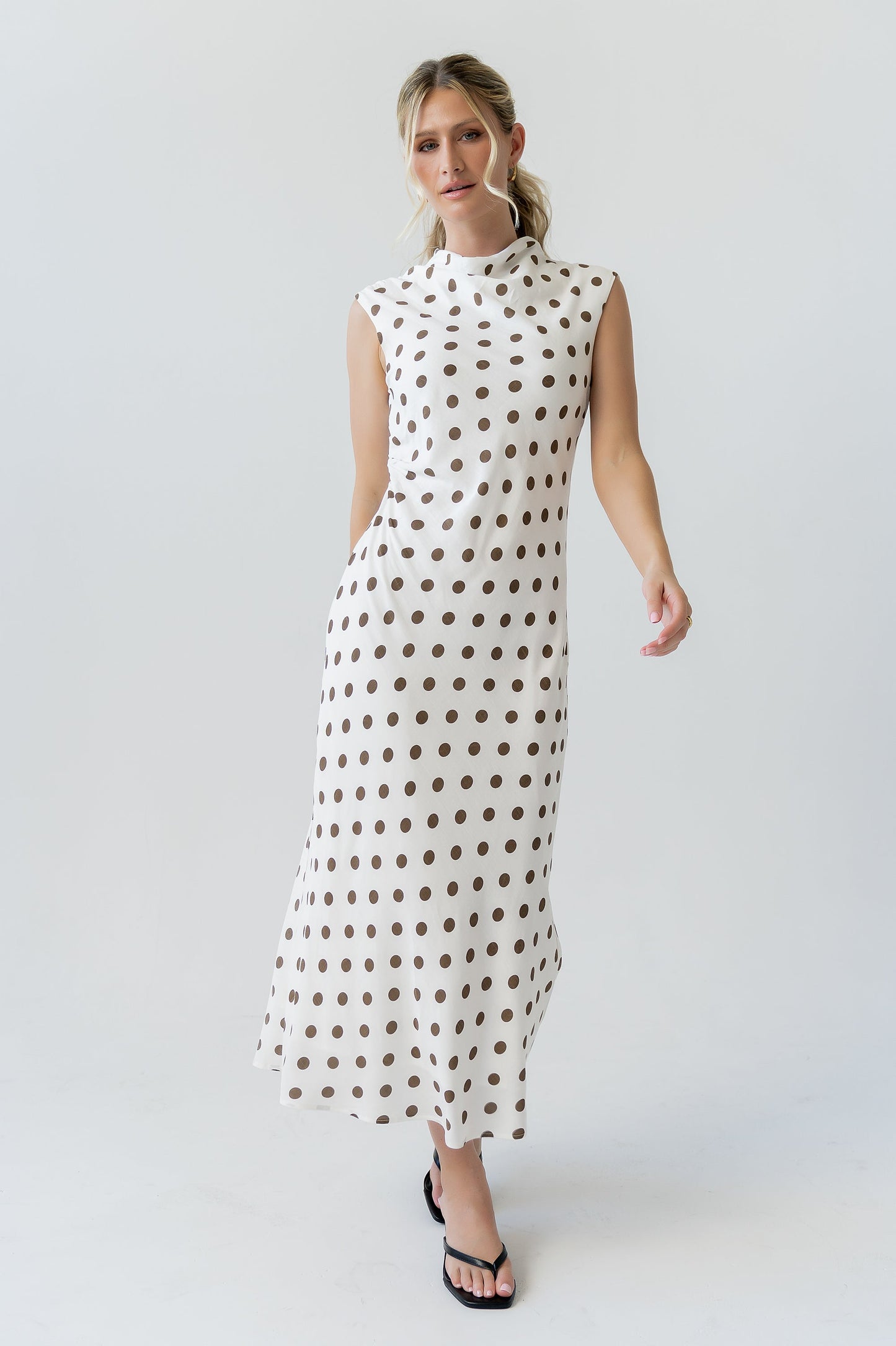 Tiffany Polka Dot Mock Neck Midi Dress OMFORT