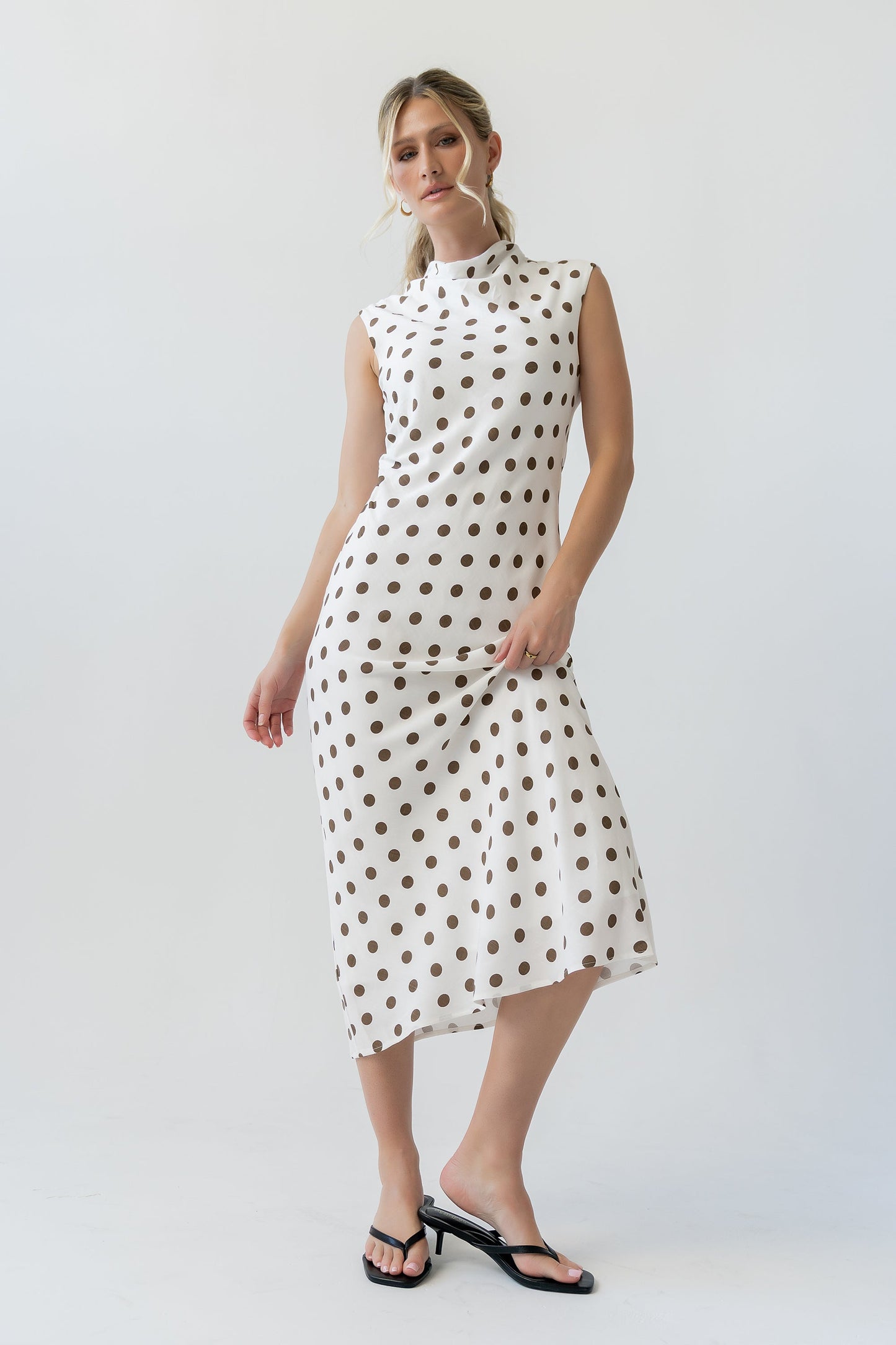 Tiffany Polka Dot Mock Neck Midi Dress OMFORT